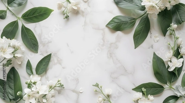 Fototapeta White Flowers and Green Leaves on Marble Background. Blank space for text, and copy-paste. The Template is ready to use. This design is suitable for greeting and invitation cards.