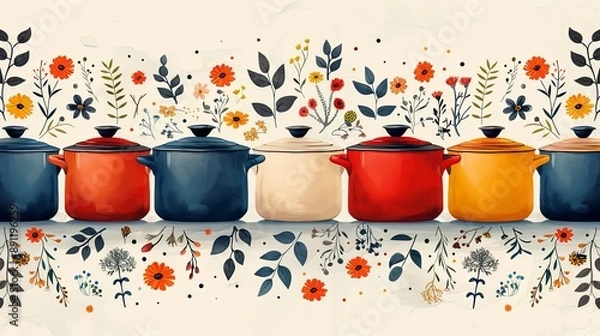 Fototapeta vector, illustration, flat, Cooking pots vector seamless pattern in doodle style, isolated on white background, kitchen cookware hand drawn illustration with soup pots, spoons, spices