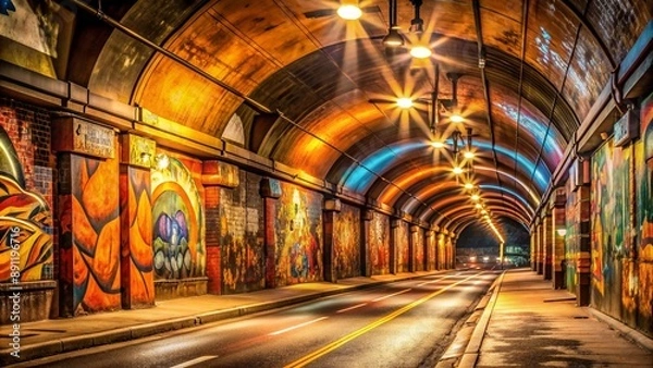 Fototapeta Urban tunnel beneath a busy city street, graffiti and posters plastered on the walls, streetlights casting an orange hue.