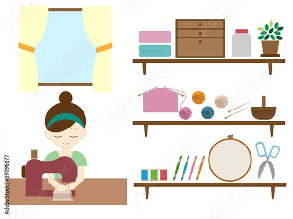 Obraz 裁縫道具と裁縫中の人のイラスト