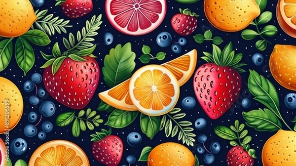 Fototapeta vector, illustration, flat, Background fruits and green leaves nature. Abstract geometric seamless pattern. Decorative ornament in flat design style. Ripe harvest banner. Floral backdrop. Organic vege