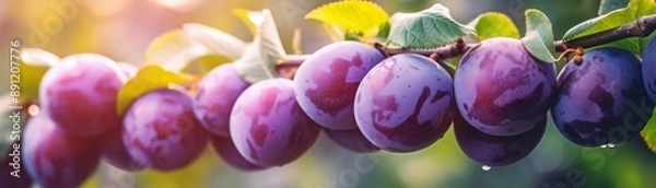 Fototapeta Close-up of a bunch of ripe purple plums hanging from a tree branch with sunlight filtering through the leaves in a beautiful orchard.