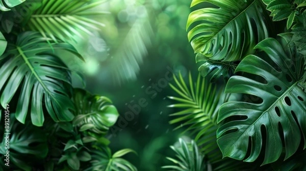 Fototapeta Lush Jungle Leaves on Vibrant Green Background - Energetic Tropical Foliage Banner