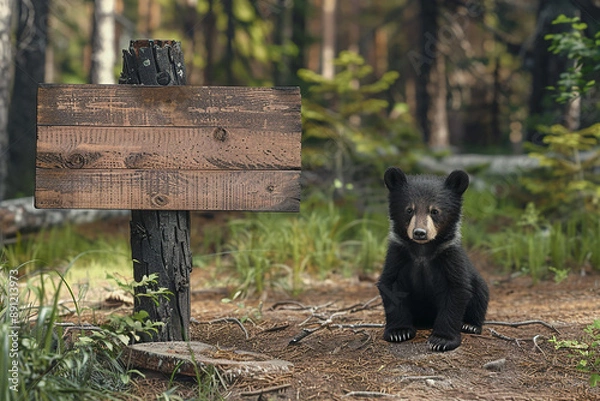 Fototapeta A cute bear cub sitting next to a wooden sign in a forest, representing wildlife and nature exploration.