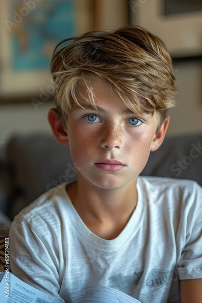 Fototapeta A boy with a white shirt and brown hair sitting on the couch. AI.