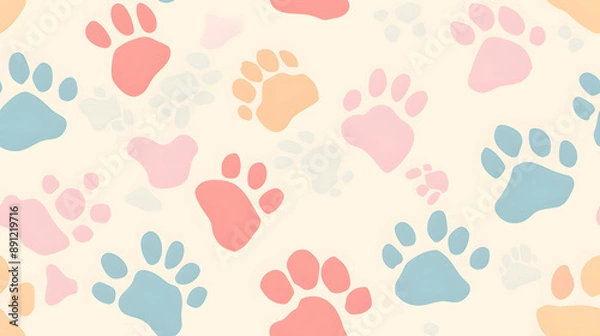 Fototapeta Seamless pattern of pastel-colored paw prints on a cream background. Ideal for pet-related designs, children’s products, and cute home decor.