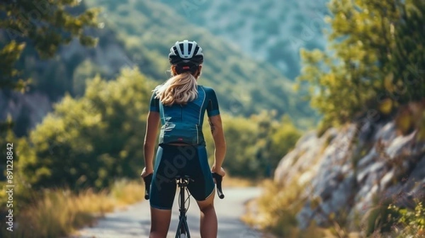 Fototapeta A woman in cycling gear is riding her bicycle up a winding road, surrounded by lush green mountains and trees. She is enjoying the fresh air and the beautiful scenery