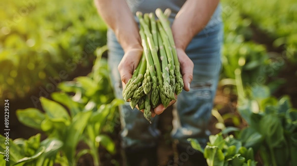Obraz Close-up of hands holding a bunch of freshly harvested asparagus spears, set against a lush garden background. Perfect for themes related to gardening, farming, and organic produce.