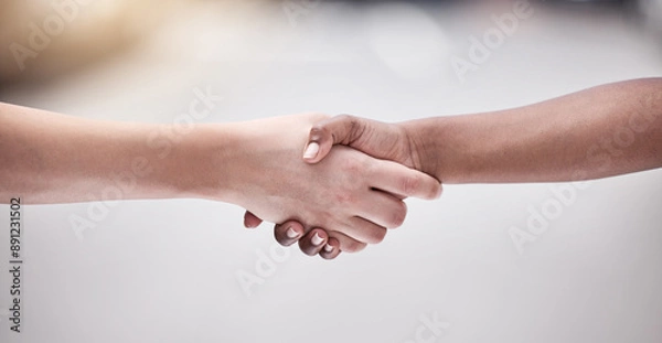 Fototapeta Solidarity, handshake and people in agreement for diversity, collaboration or respect for social support. Partnership, community and friends shaking hands for peace deal, connection and introduction.