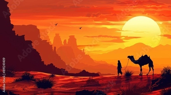 Fototapeta Silhouette of a man and camel walking at sunset, set in a desert landscape. Beautiful and tranquil scene