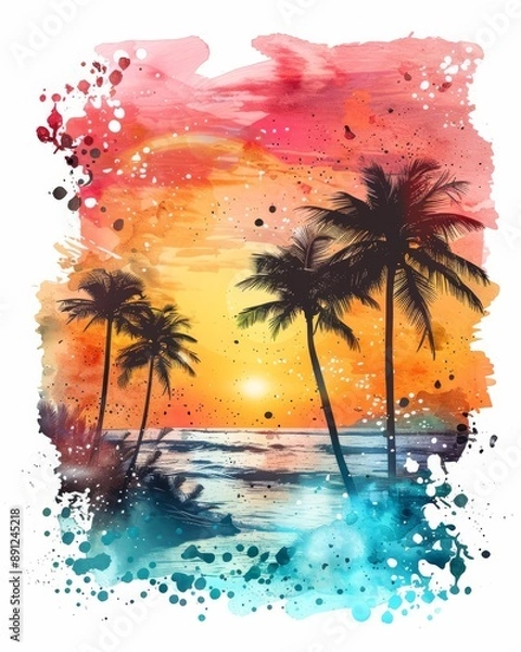 Fototapeta Abstract watercolor painted splash shape with palm tree silhouettes. Travel concept.