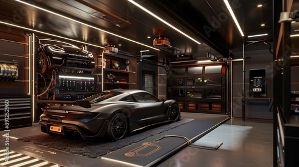 Fototapeta Smart home garage with automated car storage, retrieval systems, and smart device integration