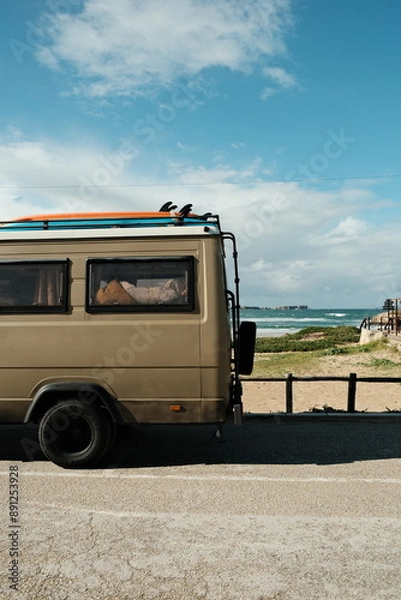 Fototapeta Vertical Image of Camping of Retro Surf Van on the Beach.