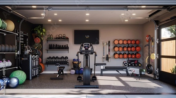 Fototapeta Smart home garage gym with connected fitness equipment and virtual training programs