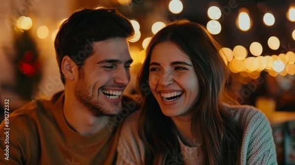 Fototapeta Friends linking shoulders while laughing together at a cafe, realistic photo, high detail, warm lighting, genuine connection
