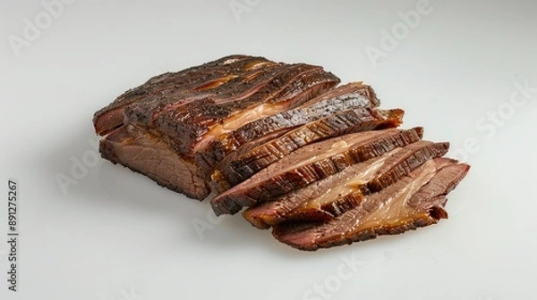 Obraz Succulent smoked pork brisket, sliced and displayed on white