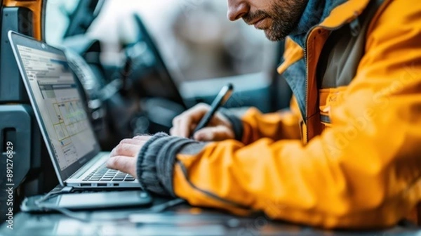 Fototapeta Field engineer documenting findings on a rugged laptop at a remote site, onsite survey, mobile technology
