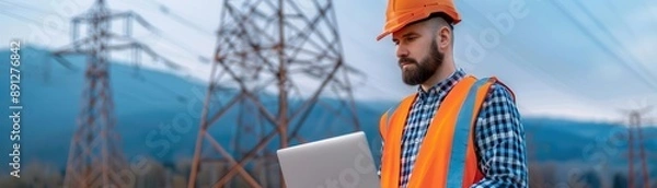 Fototapeta Field engineer with a rugged laptop examining power lines in a mountainous area, remote monitoring