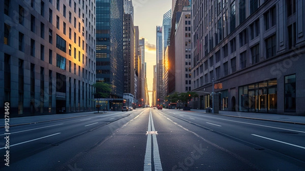 Fototapeta An empty street in the city center with tall buildings on both sides