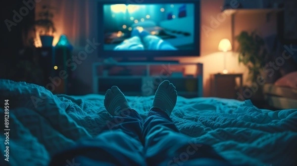 Fototapeta A person relaxing in bed, watching television at night. The television is on and the room is dimly lit. The person's feet are visible, and the bedding is blue.