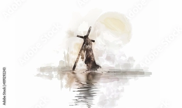 Fototapeta Jesus carrying the cross, on a soft white background, in the style of watercolor, with a white and beige color palette using light colors, in a minimalistic, simple design, with water reflection 