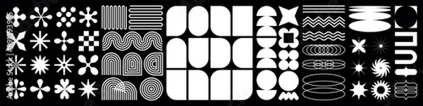 Fototapeta Abstract geometric black and white Y2K shapes and icons. Geometric pattern set element in mid-century minimal simple style. Brutal modern contemporary figure. Swiss design aesthetic Striking starburst