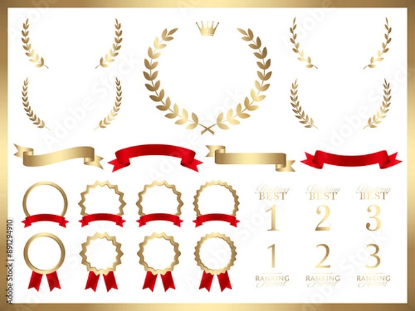 Fototapeta 月桂樹と赤リボンの金色ラベルフレームセット