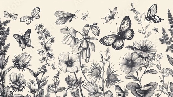 Fototapeta Elegant vintage tile design with line drawings of summer flowers and butterflies, emphasizing intricate details and a nostalgic feel