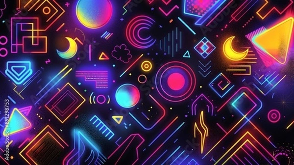 Fototapeta A lively visual pattern of geometric shapes in neon colors such as purple, blue, orange, pink, and yellow green, set against a black backdrop, creating an energetic '80s futuristic atmosphere