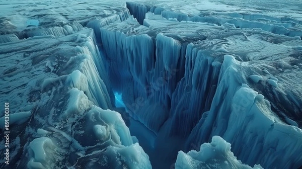 Fototapeta Aerial view of a glacier with striking blue fissures, frozen landscape, sharp details, cinematic lighting, hyper-realistic, pristine and untouched beauty