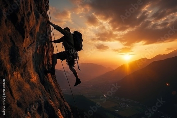 Fototapeta A silhouette of man climbing on rocky mountain on sunset