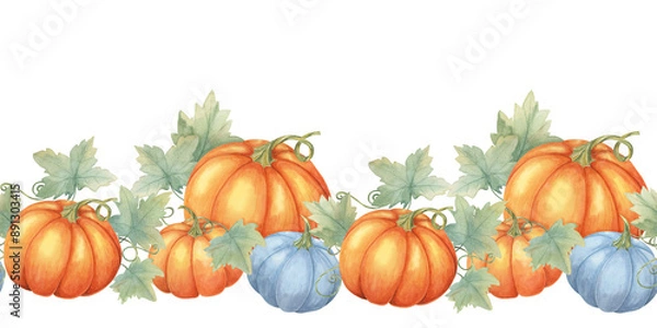 Fototapeta Pumpkin seamless border clipart presents a mix of orange and blue pumpkins with lush green leaves in watercolor. Autumn, Thanksgiving illustration for printables, banners, and fabric patterns