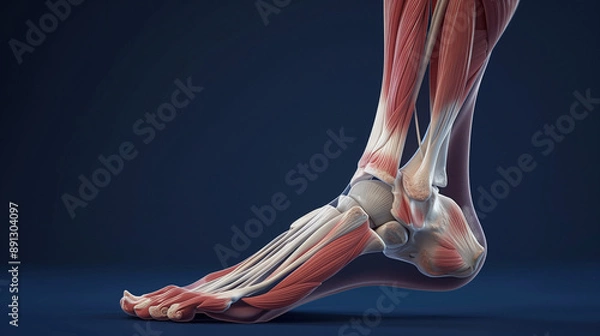 Fototapeta Anatomical illustration of the human leg, focusing on muscles and tendons around the foot in profile view. Detailed muscle fibers and hair are depicted with attention to realism. T