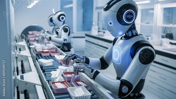 Fototapeta Robotic AI Assistant Managing Medical Samples in Modern Lab