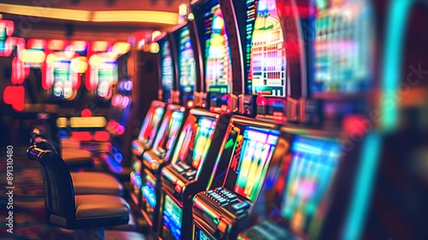 Fototapeta Slot machine screen with virtual visual effect. Blurred casino on background