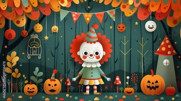 Fototapeta Playful Clown Character Surrounded by Spooky Halloween Decorations in Flat Design Scene