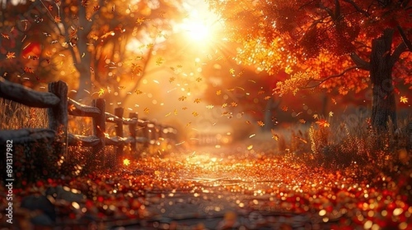 Obraz Cozy autumn background with orange and yellow leaves falling from trees, a rustic wooden fence, and a soft, golden sunlight.