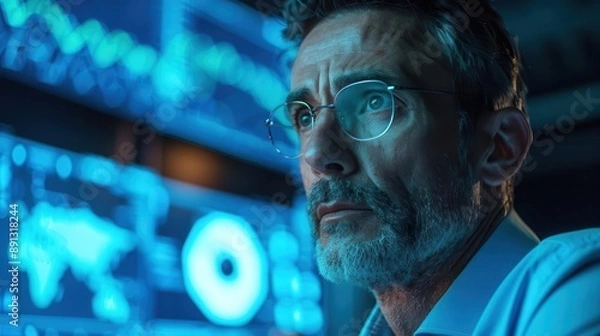 Obraz A focused man in glasses stares intently at a screen filled with data and graphs. He looks thoughtful and focused, representing data analysis, technology, and problem-solving.