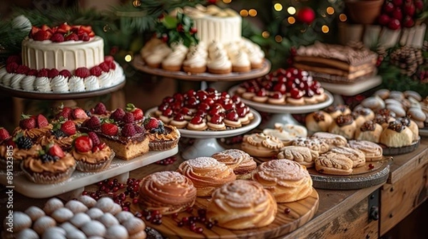 Fototapeta Dessert table with an assortment of cakes, cookies, and pastries.