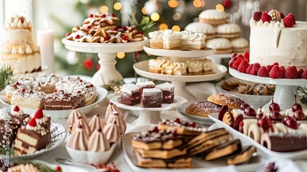 Fototapeta Dessert table with an assortment of cakes, cookies, and pastries.