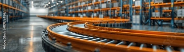 Obraz Industrial warehouse with conveyor belt. Shelves stacked with goods, representing efficient logistics and automation in modern storage facilities.