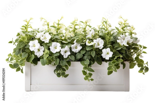 Obraz A Tranquil Window Box Overflowing With Delicate White Petunias on a Clear PNG or White Background.