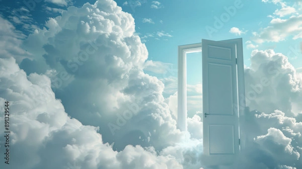Fototapeta A photograph of a door floating in the sky, with white clouds surrounding it, surreal and ethereal atmosphere