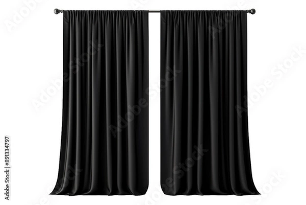 Obraz A Pair of Black Velvet Curtains Draped Elegantly Against a White Background on a Clear PNG or White Background.