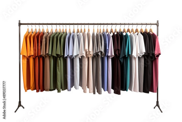 Obraz A Rainbow of T-shirts Hanging on a Clothing Rack in a Studio on a Clear PNG or White Background.