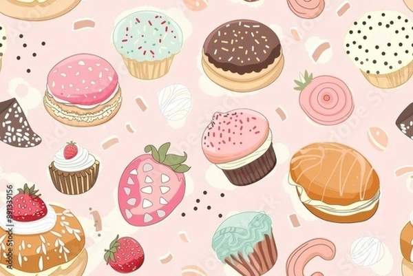 Obraz Seamless of vector art of cute bakery on a pastel color background , Generative AI