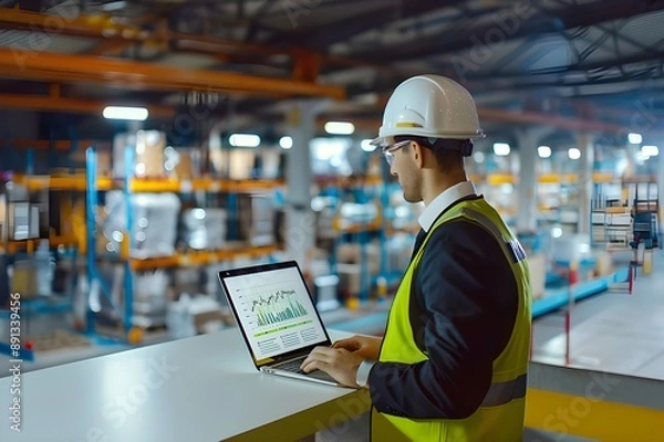 Obraz Manager in formal wear and safety gear, strategically analyzing data on a laptop while managing logistics from a control room
