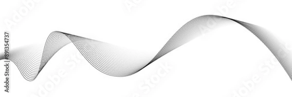 Obraz Wave dots abstract pattern. Flow of black curved dotted lines vector illustration isolated on white background. Dynamic shiny swirl backdrop. Digital, technology, ia, music, modern design element.
