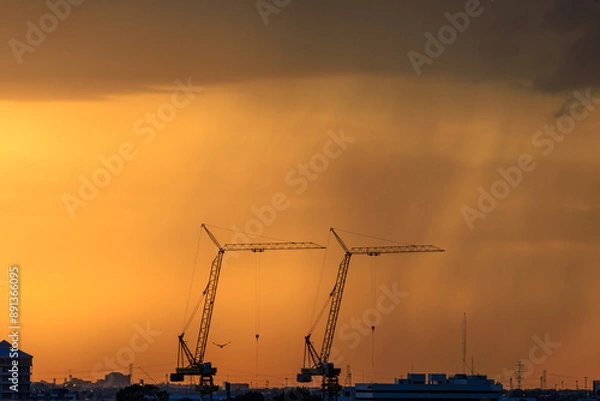 Fototapeta Two cranes are silhouetted against a cloudy sky
