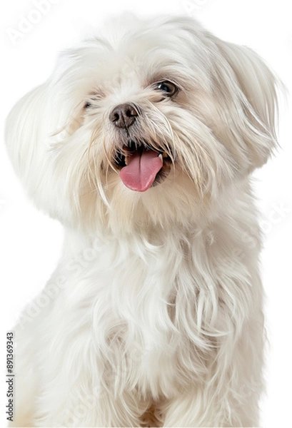 Fototapeta A seated Maltese dog with a long, silky white coat and an alert expression.
